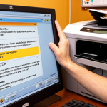 **A frustrated person staring at a printer displaying an error message. Close-up shot, warm lighting, emphasizing the user's confusion and the printer's unresponsiveness. The background is a cluttered home office. The error message displayed on the printer's screen is a generic "Printer Not Responding" message.**